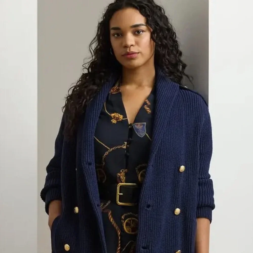 Lauren Ralph Lauren Double Breasted Cardigan Large Chunky Knit Navy Gold Pockets